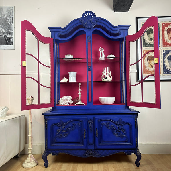 French Antique Display Cabinet Higly Decorated with Carvings Bright & Bold Statement Piece