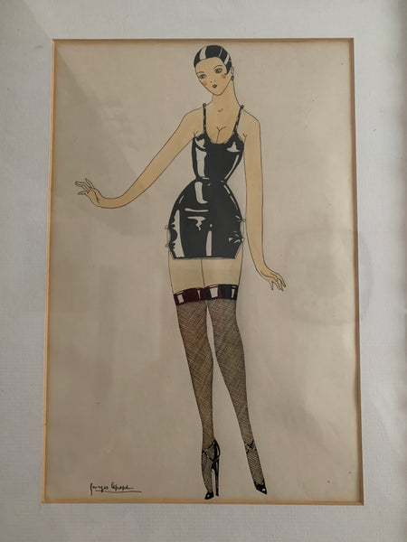 French Signed Painting Burlesque Performer Sexy Lady in Stockings & Latex Dress