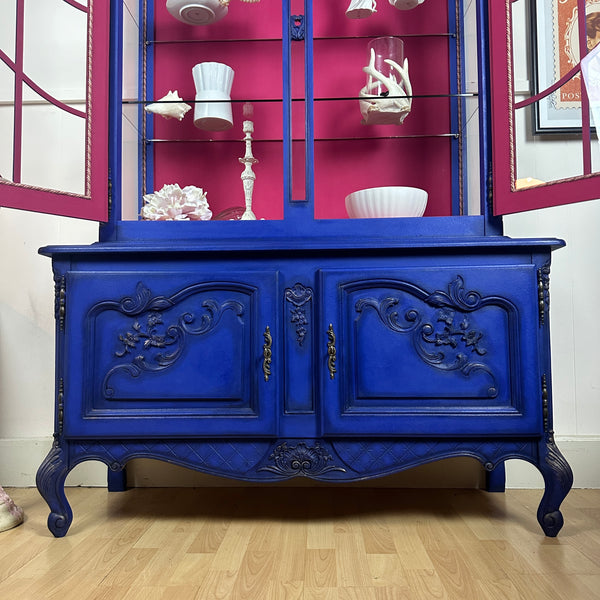 French Antique Display Cabinet Higly Decorated with Carvings Bright & Bold Statement Piece