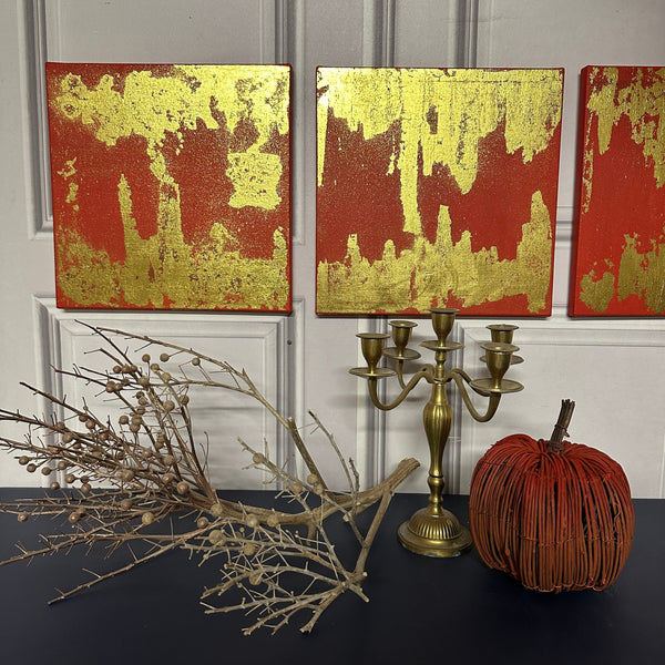 Abstract Canvas Trio Canvas Red & Gold Leaf Square