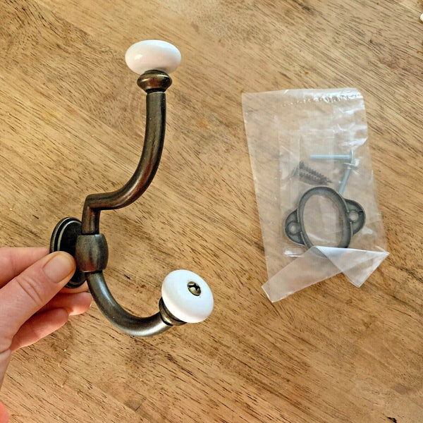 Antique Style Double Coat Hook Metal and Ceramic