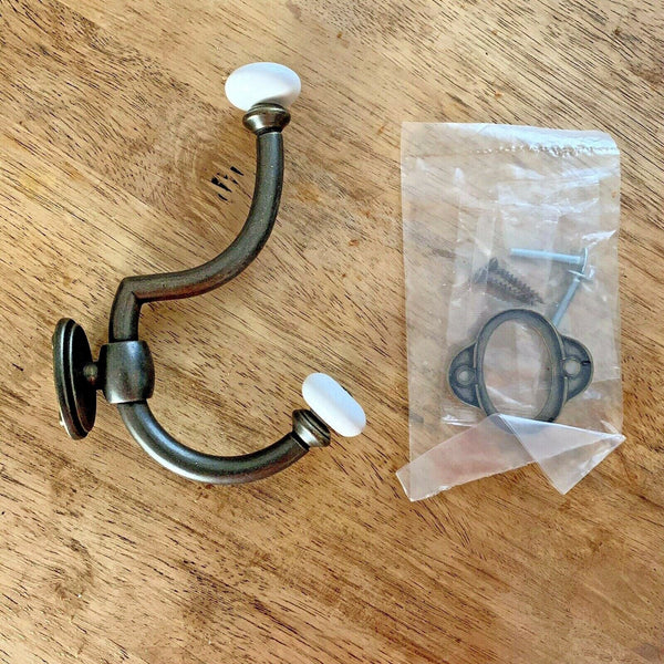 Antique Style Double Coat Hook Metal and Ceramic