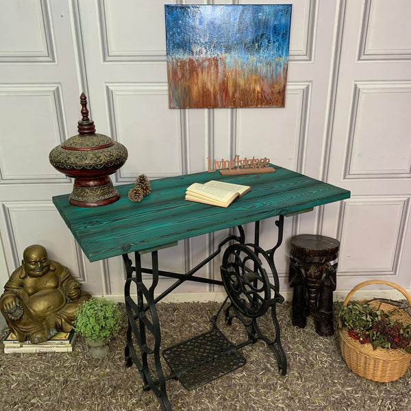 Upcycled Sewing Machine Table Yakisugi Charred Wood Table Turquoise
