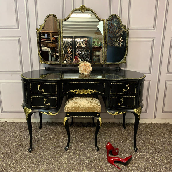Black Gloss Dressing Table French Style Olympus Dressing Table Black & Gold Gloss Furniture
