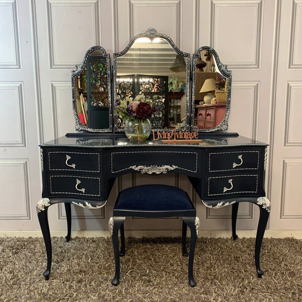 Olympus Dressing Table Navy Blue & Silver Dressing Table with Stool and Mirror French Style Dressing Table