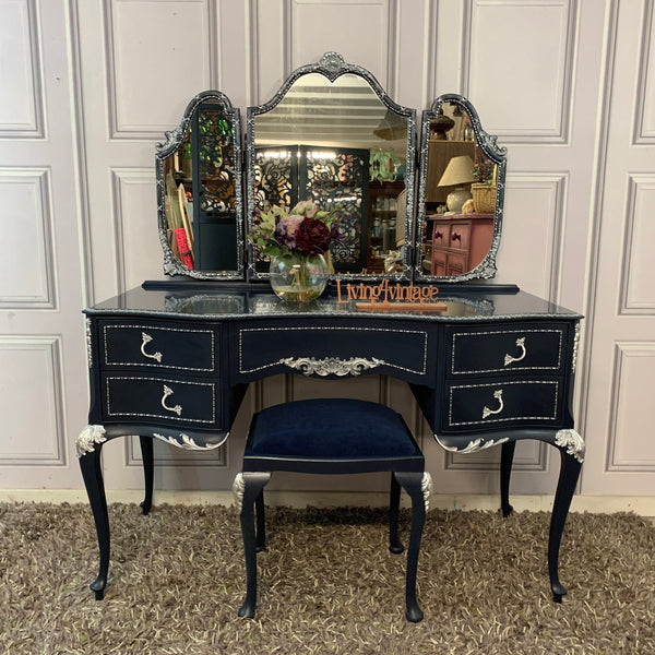 Olympus Dressing Table Navy Blue & Silver Dressing Table with Stool and Mirror French Style Dressing Table