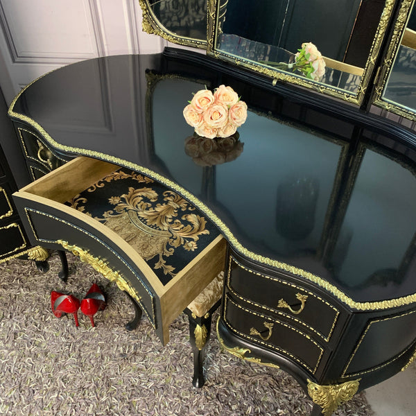 Black Gloss Dressing Table French Style Olympus Dressing Table Black & Gold Gloss Furniture