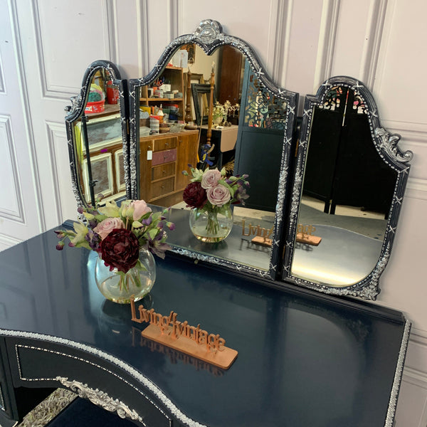 Olympus Dressing Table Navy Blue & Silver Dressing Table with Stool and Mirror French Style Dressing Table