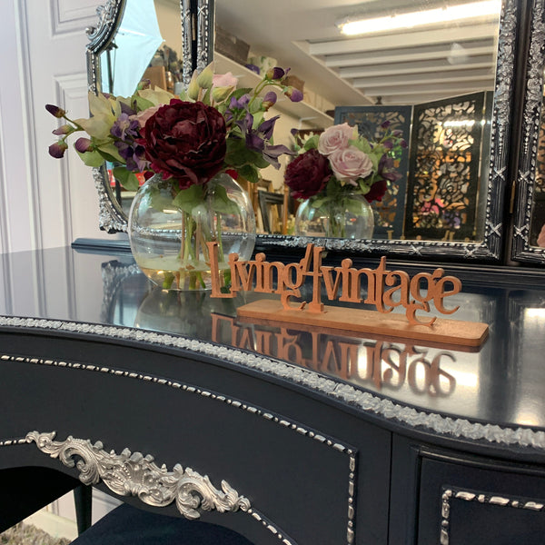 Olympus Dressing Table Navy Blue & Silver Dressing Table with Stool and Mirror French Style Dressing Table