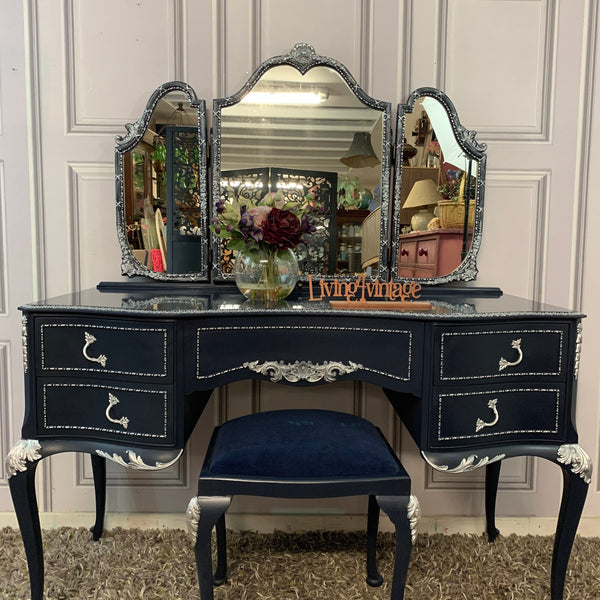 Olympus Dressing Table Navy Blue & Silver Dressing Table with Stool and Mirror French Style Dressing Table