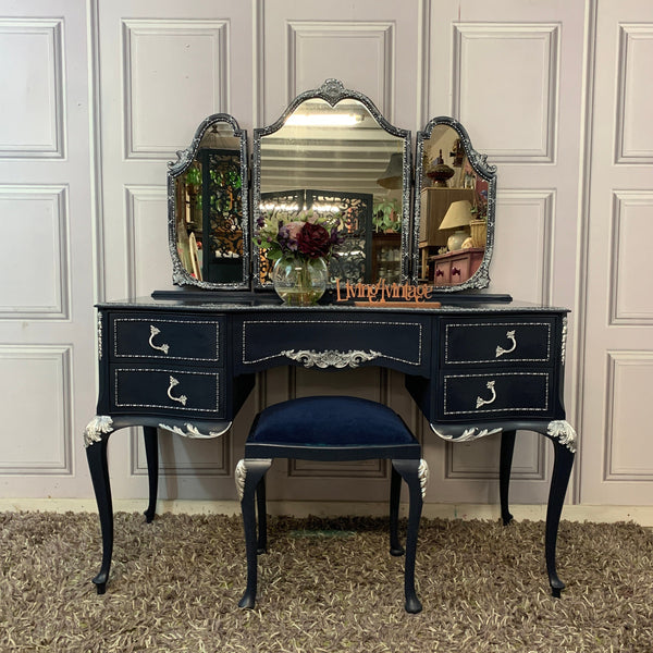 Olympus Dressing Table Navy Blue & Silver Dressing Table with Stool and Mirror French Style Dressing Table