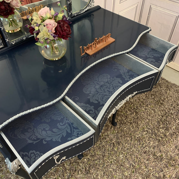Olympus Dressing Table Navy Blue & Silver Dressing Table with Stool and Mirror French Style Dressing Table