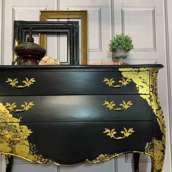 Painted Bombay Chest Of Drawers Black and Gold Sideboard Commissions Open Gold Leaf