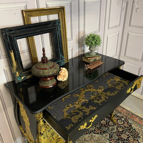 Painted Bombay Chest Of Drawers Black and Gold Sideboard Commissions Open Gold Leaf