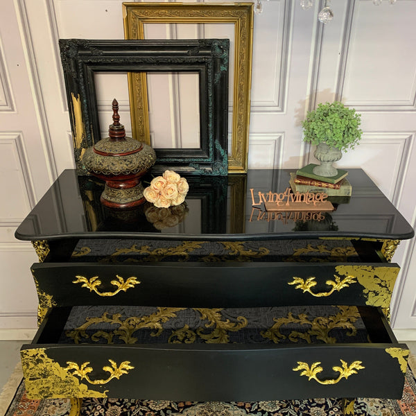 Painted Bombay Chest Of Drawers Black and Gold Sideboard Commissions Open Gold Leaf
