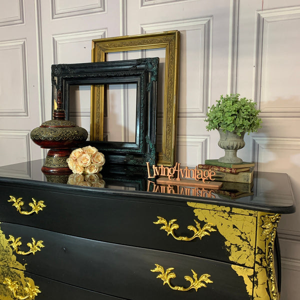 Painted Bombay Chest Of Drawers Black and Gold Sideboard Commissions Open Gold Leaf