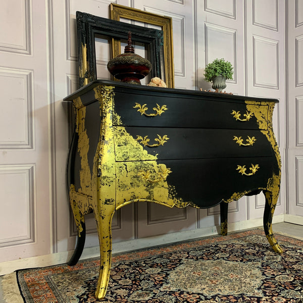 Painted Bombay Chest Of Drawers Black and Gold Sideboard Commissions Open Gold Leaf