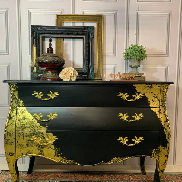 Painted Bombay Chest Of Drawers Black and Gold Sideboard Commissions Open Gold Leaf