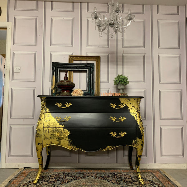 Painted Bombay Chest Of Drawers Black and Gold Sideboard Commissions Open Gold Leaf