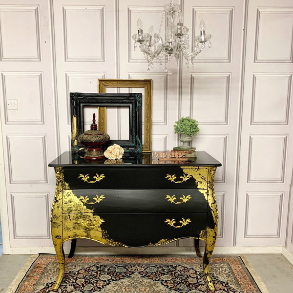 Painted Bombay Chest Of Drawers Black and Gold Sideboard Commissions Open Gold Leaf