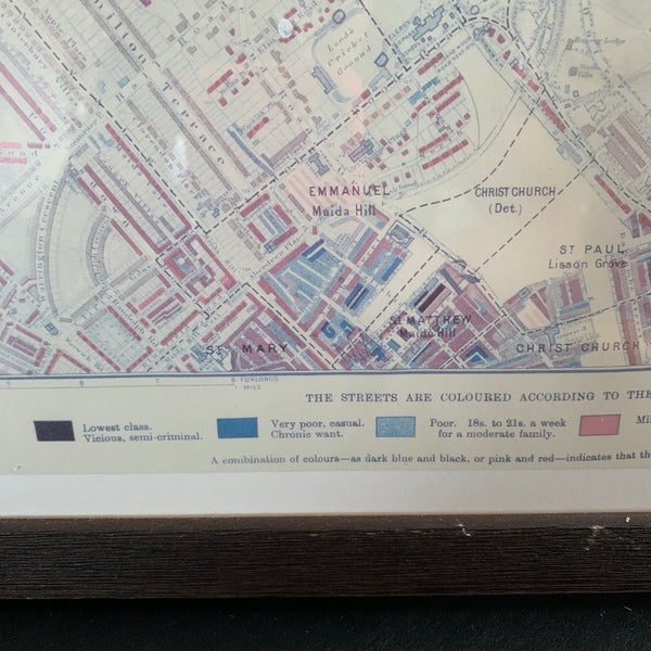 Framed Map Descriptive of London Poverty North Western District 1898-9 Reproduction