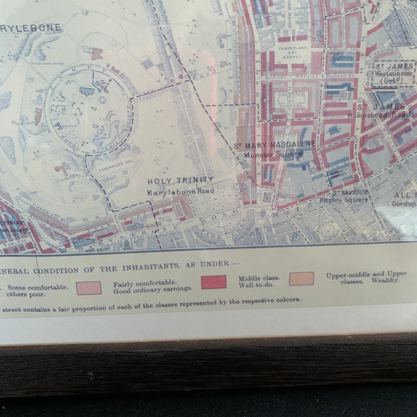 Framed Map Descriptive of London Poverty North Western District 1898-9 Reproduction