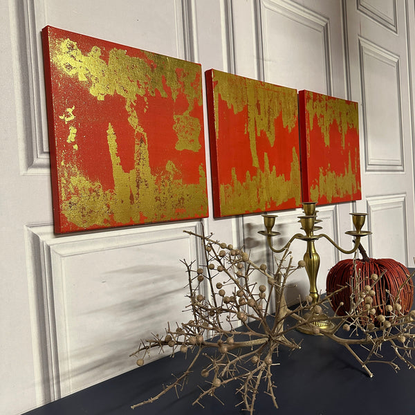 Abstract Canvas Trio Canvas Red & Gold Leaf Square