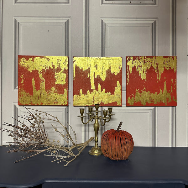 Abstract Canvas Trio Canvas Red & Gold Leaf Square