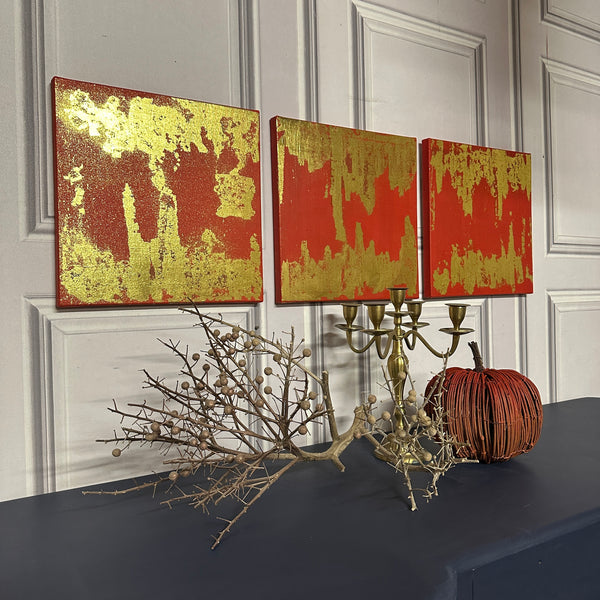 Abstract Canvas Trio Canvas Red & Gold Leaf Square