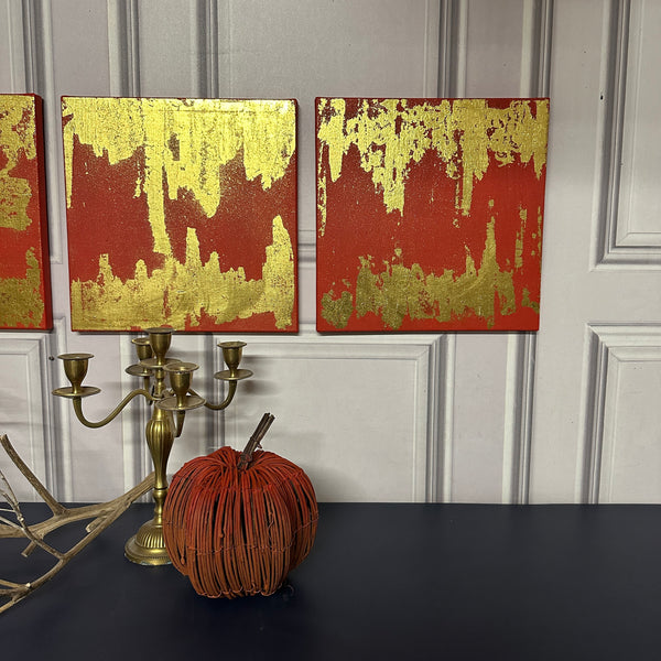 Abstract Canvas Trio Canvas Red & Gold Leaf Square