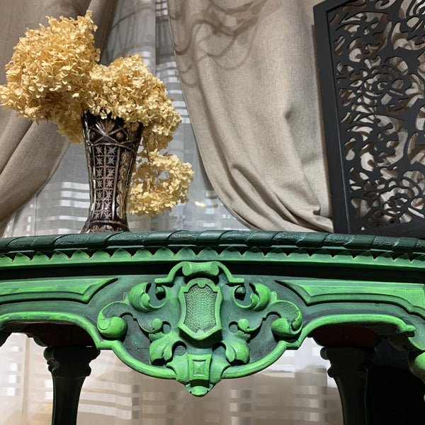 French Antique Console Table Oval Table Ornate Carvings Green and Black