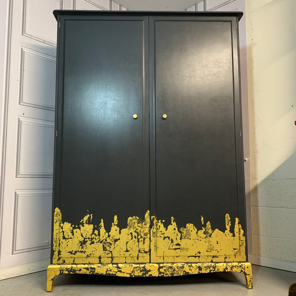 Stag Wardrobe Painted Black & Gold Leaf Flame Details Double Wardrobe