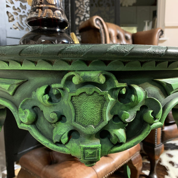 French Antique Console Table Oval Table Ornate Carvings Green and Black