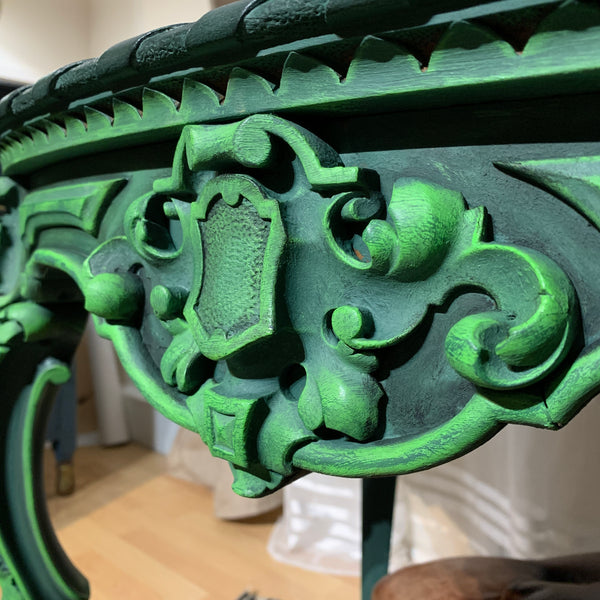 French Antique Console Table Oval Table Ornate Carvings Green and Black