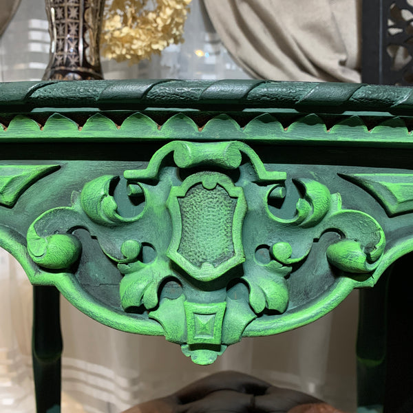 French Antique Console Table Oval Table Ornate Carvings Green and Black