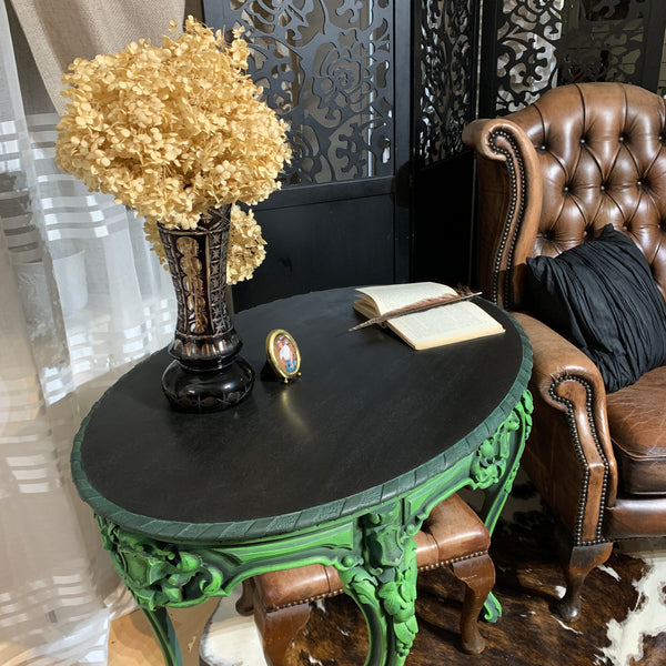 French Antique Console Table Oval Table Ornate Carvings Green and Black