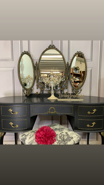 Olympus Dressing Table with Stool & Mirror Black & Gold