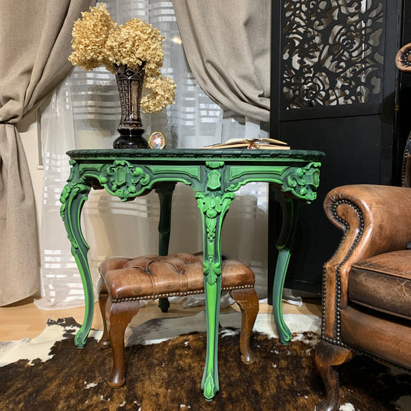 French Antique Console Table Oval Table Ornate Carvings Green and Black