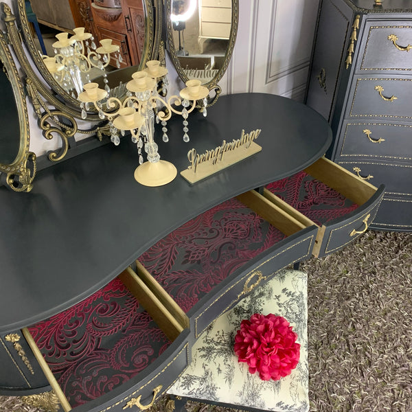 Olympus Dressing Table with Stool & Mirror Black & Gold