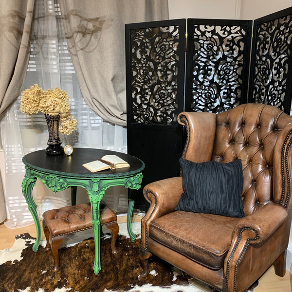 French Antique Console Table Oval Table Ornate Carvings Green and Black