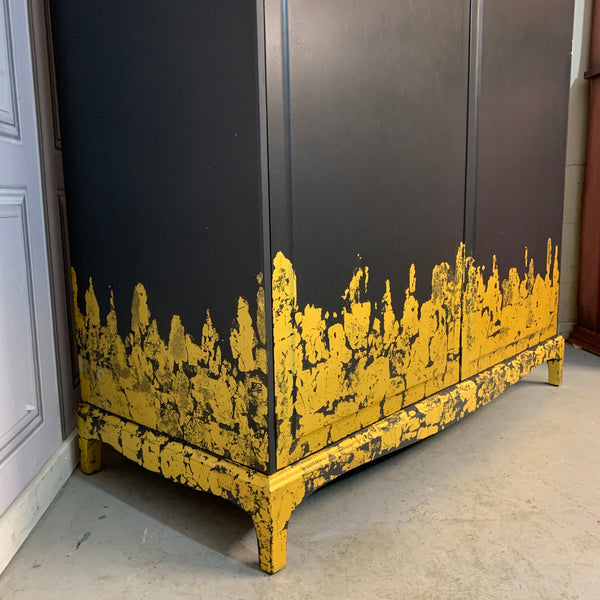Stag Wardrobe Painted Black & Gold Leaf Flame Details Double Wardrobe