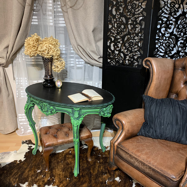 French Antique Console Table Oval Table Ornate Carvings Green and Black