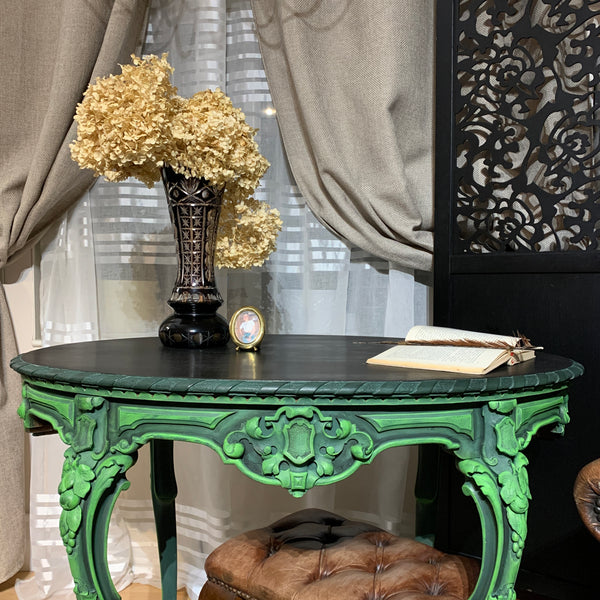 French Antique Console Table Oval Table Ornate Carvings Green and Black