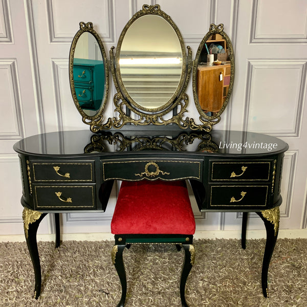Dressing Table in Black Gloss Kidney Shape Vanity