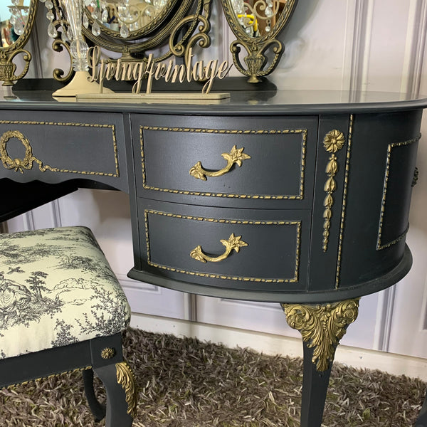 Olympus Dressing Table with Stool & Mirror Black & Gold