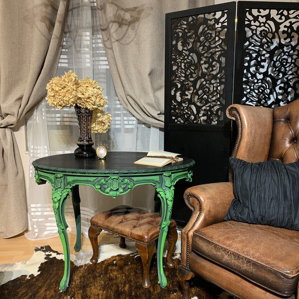 French Antique Console Table Oval Table Ornate Carvings Green and Black