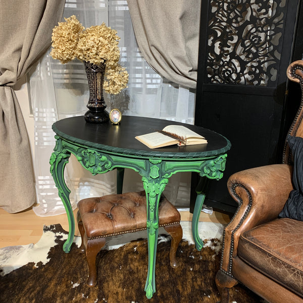 French Antique Console Table Oval Table Ornate Carvings Green and Black