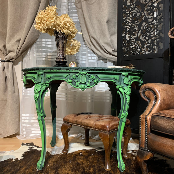 French Antique Console Table Oval Table Ornate Carvings Green and Black