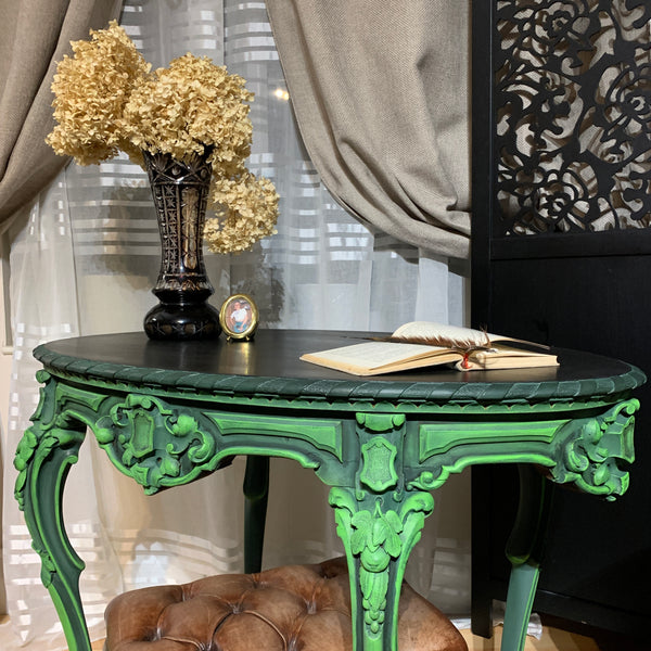 French Antique Console Table Oval Table Ornate Carvings Green and Black