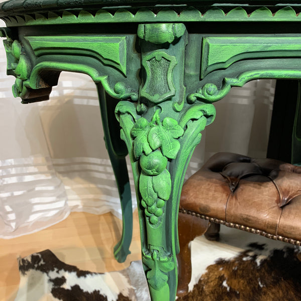 French Antique Console Table Oval Table Ornate Carvings Green and Black